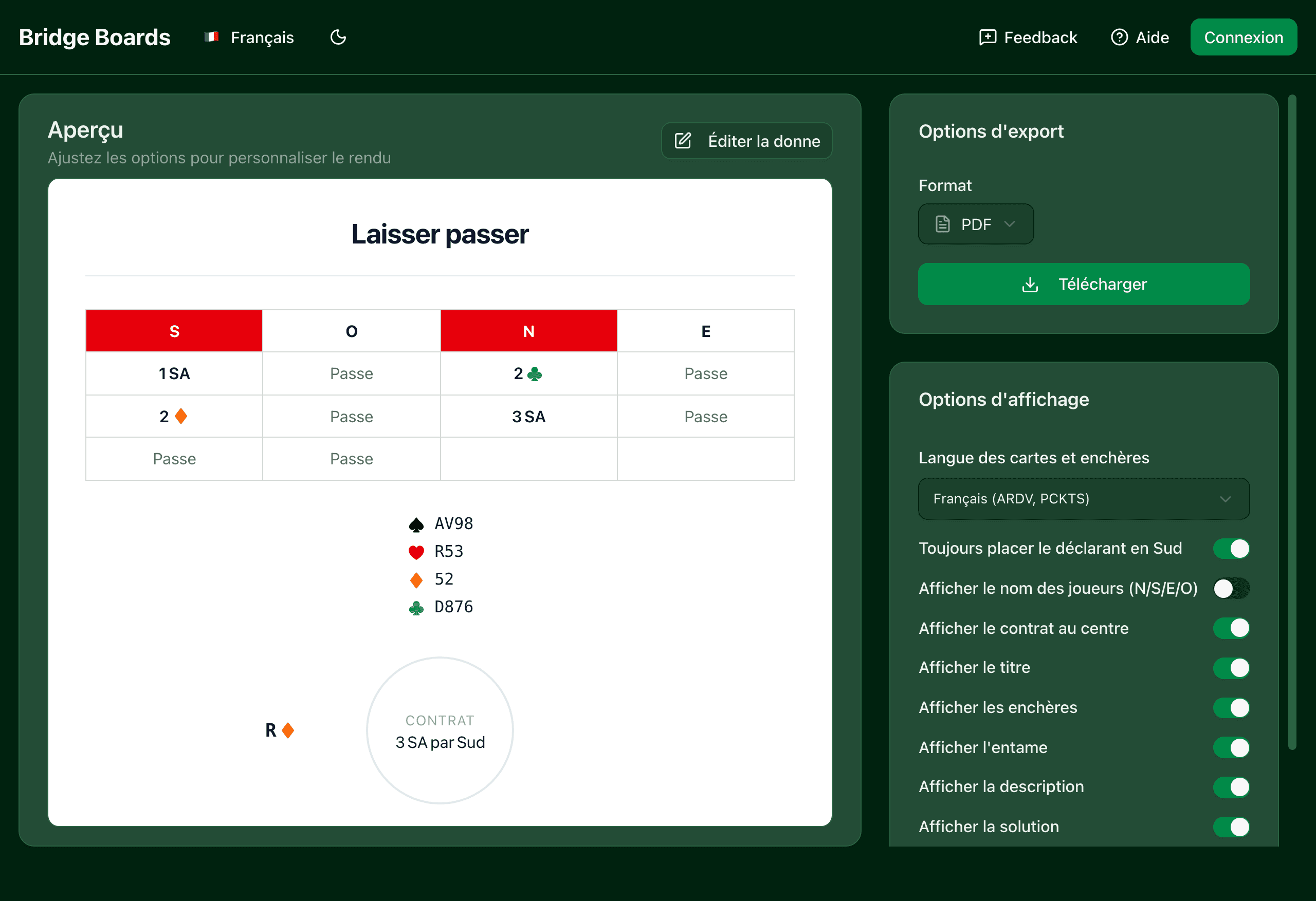 Capture d'écran des options d'export